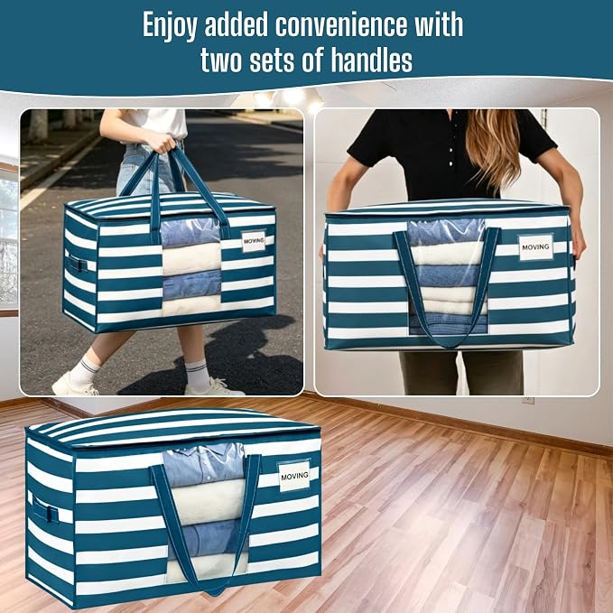 VENO Moving Bags, Wide Open Top, Clear Window, Classic Navy Stripe, 4 Pack | Moving boxes Alternative, Heavy Duty, Storage Bags, Clothes and Comforter Storage, Packing Supplies, College Dorm Essentials
