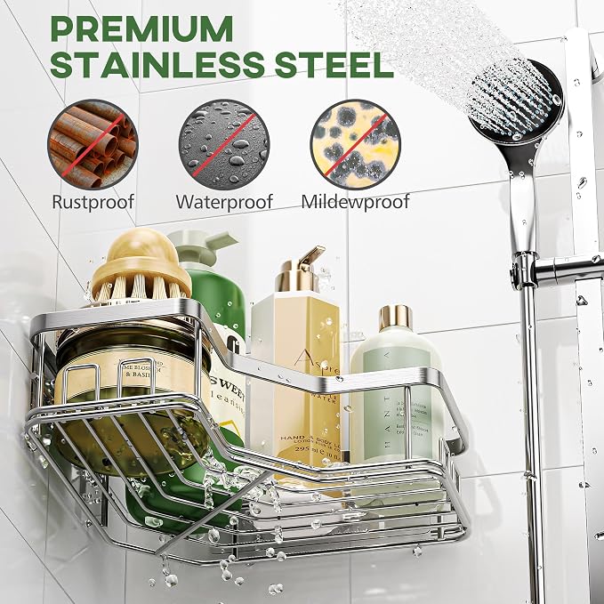 MAXIFFE 3 Pack X-Large Corner Shower Caddy with Soap Holder, Large Capacity Sturdy Easy Install No Drilling Stainless Steel Hold 40 LB Shower Organizer Shelves Rack for Family Renters Bathroom, Silver