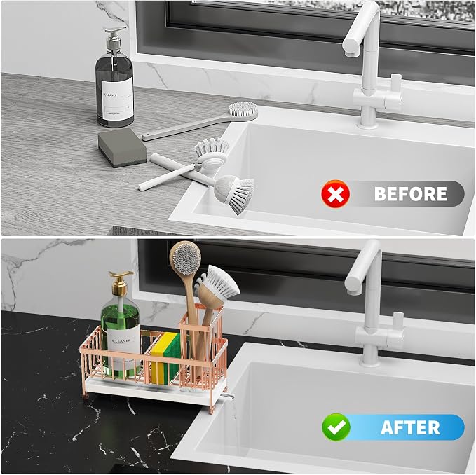 Cisily Sponge Holder for Kitchen Sink, Sink Caddy Organizer with High Brush Holder, Kitchen Countertop Organizers and Storage Essentials, Rustproof 304 Stainless Steel (Rose Gold, 9.25″)