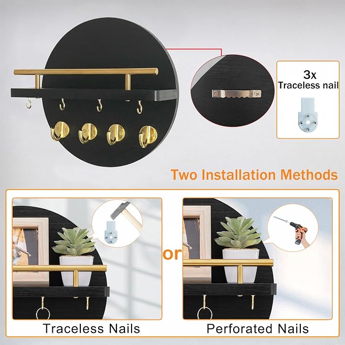 dreampossible Key Holder Wall Mount - 10.2 Inch Decorative Key Rack and Mail Organizer with 8 Key Hooks - Wooden Key Hanger with Shelf for Wall and Home Decor