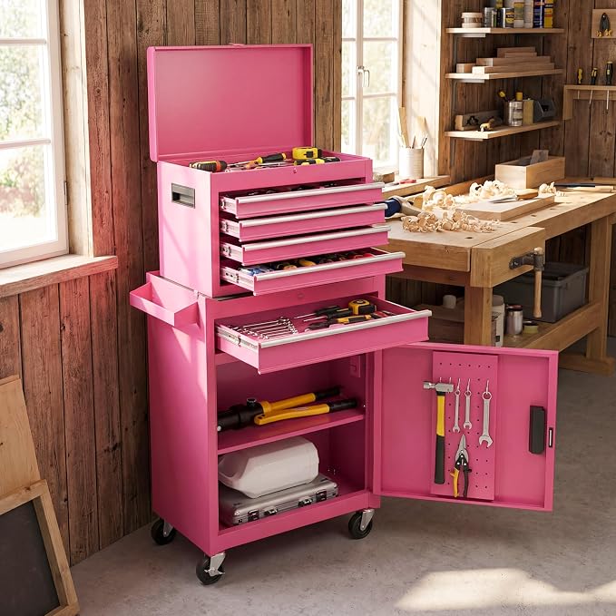 Goplus Pink Tool Chest, 5 Drawers Rolling Tool Cabinet w/Detachable Top Toolbox, Universal Lockable Wheels,Lock Bar,Protective Liner,Tool Rack, Metal Tool Storage Cart, Tool Box for Garage Workshop