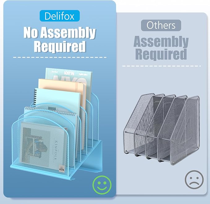Delifox Inclined Desk File Organizer,Vertical File Folder Holder Stand Metal Rack File Sorter for Office Classroom Desktop Organization (1, Blue, 5)