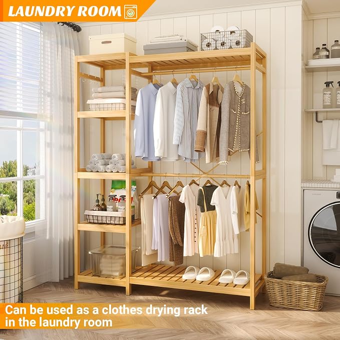 Bamboo Clothes Rack Garment Rack for Hanging Clothes, Heavy Duty Clothing Rack with 7 Tiers Adjustable Shelves, Double Rods, 4 Hooks, Freestanding Closet System Organizer Wardrobe, Natural