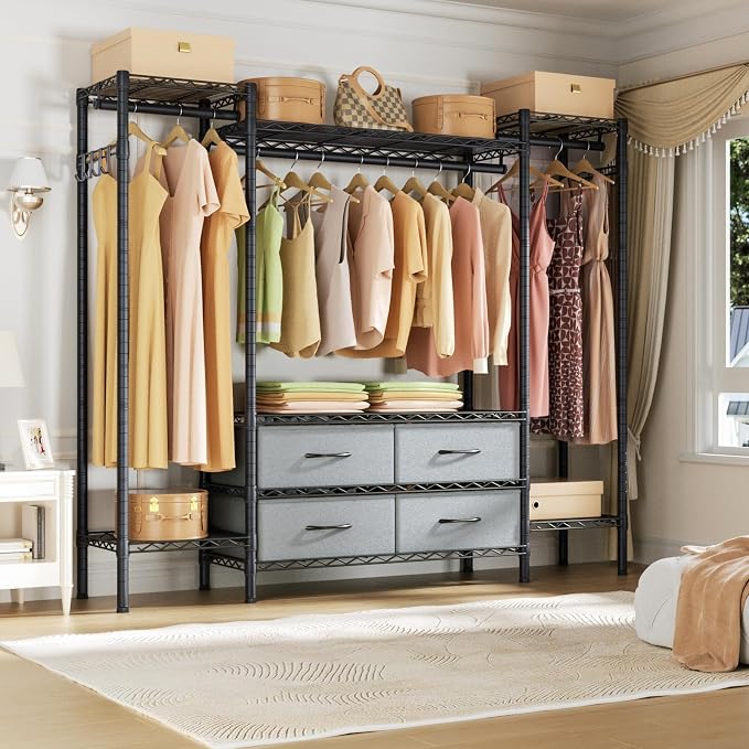 Golpart Heavy Duty Clothes Rack Metal Wardrobe with Adjustable Wire Shelves | Closet Organizers and Storage Clothing Rack Metal System Freestanding Hanging Clothes System Free Standing Garment Coat Racks