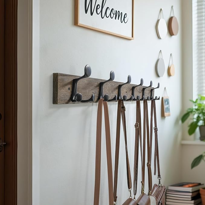 WEBI Coat Rack Wall Mount,36" Solid Wood Coat Hooks Wall Mounted Coat Hanger,16" Hole to Hole,Heavy Duty Hook Rack Rail,6 Triple Hooks for Hanging Coats,Jacket,Clothes,Hat,Weathered Brown,2 Packs