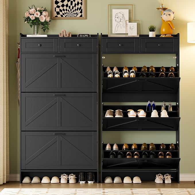 BORNOON Shoe Storage Cabinet for Entryway, Farmhouse Narrow Shoe Cabinet with 3 Flip Drawers & 2 Top Drawers, Adjustable Shelves & Hooks, Freestanding Hidden Rack Organizer for Hallway, Foyer