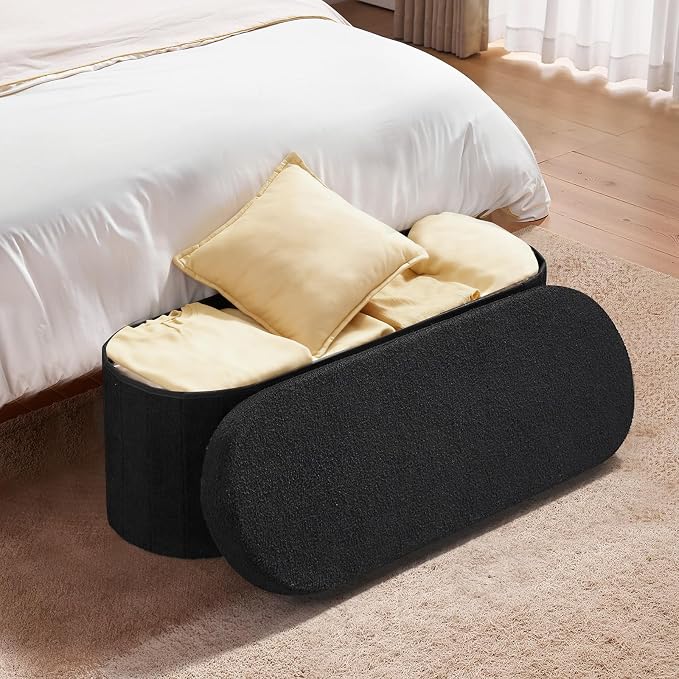 VEVOR Oval Storage Ottoman Bench, Foldable Teddy Fleece End of Bed Bench, Folding Upholstered Bed Ottoman Chest with Large Storage Space, Supports 660 lbs, for Living Room, Bedroom, Entryway, Black