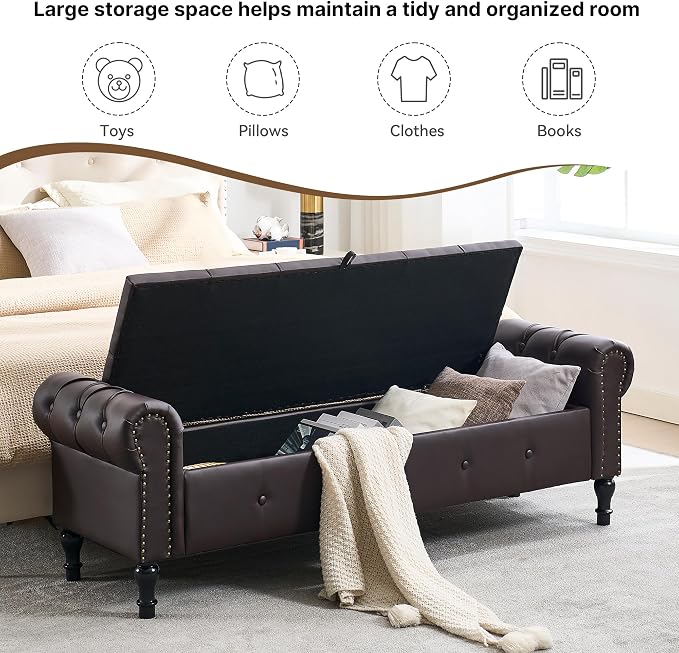 Storage Bench 67" Faux Leather End of Bed Benches Dark Brown | King Size Storage Bench for Bedroom with Rolled Arms Tufted Ottoman Benches Upholstered Bench for Living Room Entryway