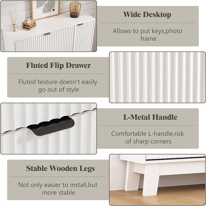 Shoe Cabinet Storage for Entryway with 3 Flip Drawers & Side Cabinet, Fluted Narrow Shoe Organizer with Wooden Leg, Freestanding Shoe Storage Hidden Shoe Rack Organizer for Front Door Entrance, White