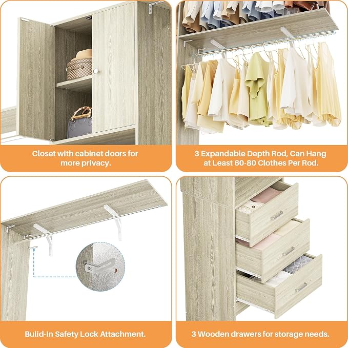 120 Inches Closet System With Doors, 10FT Walk In Closet Organizer with 3 Shelving Towers, Heavy Duty Clothes Rack with 3 Drawers, Built-In Garment Rack, Max Load 1300 LBS, White Oak