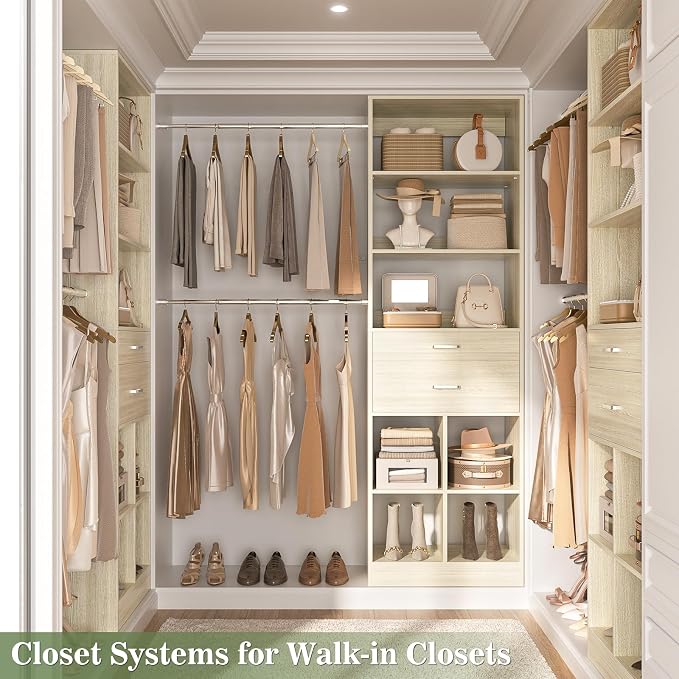 Besiost Closet System, 4-8 FT Closet Organizer Tower with 2 Wooden Drawers and Shelves, Can Fit 60 to 96 inch Walk-in Closet System with 5 Hang Rods, Built-in, Greige Oak