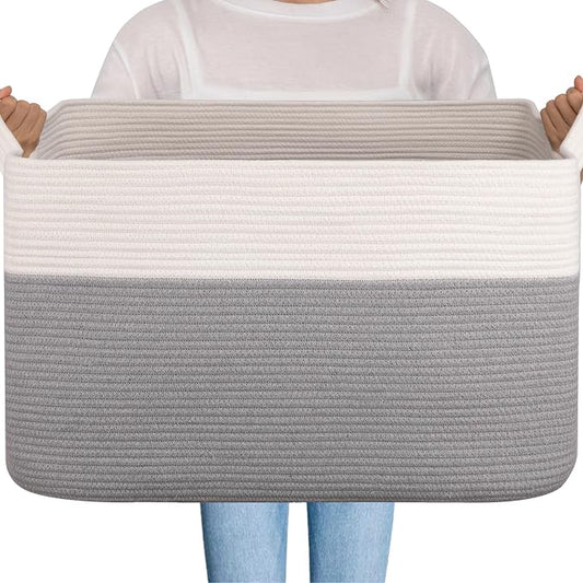 OIAHOMY Extra Large Blanket Basket, 95L Cotton Rope Woven Laundry Basket, Toy Bin for Baby Room, Container for Blanket Storage in Living Room, 24''×17''×14'', Grey & White