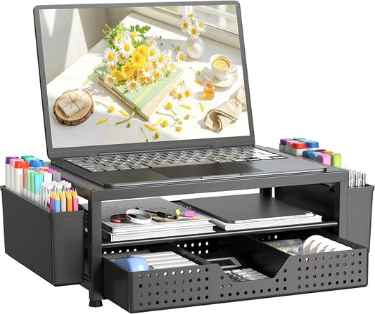 OPNICE Desk Organizer and Accessories, 2-Tier Computer Monitor Stand Riser with Drawer and 2 Pen Holders, Laptop Stand, Office Desk Accessories for Office Supplies, 1 Pack, Black-Ventilated