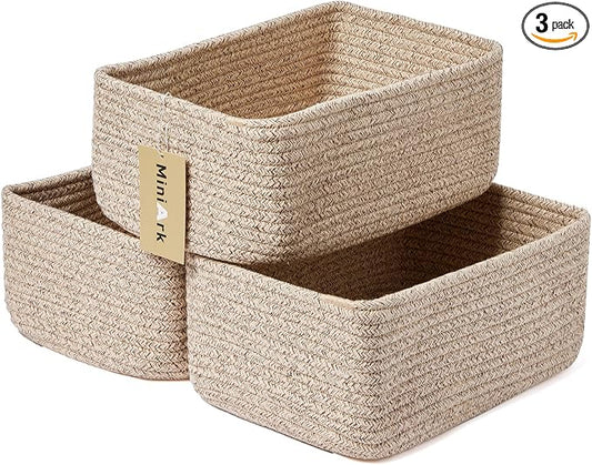 MiniArk Small Storage Baskets for Organizing | Closet Organizer Bins | Shelf Toy Basket | Woven Rope Baskets | Cube Decorative Box | Shallow Basket | L11.5xW7.5xH4.7| Brown