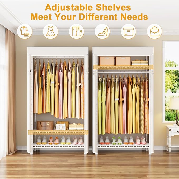 H5C Clothes Rack with Cover, Covered Clothing Rack Heavy Duty | Garment Rack with Shelves, 3-Tier Portable Closets for Hanging Clothes, Max Load 360LBS, White Closet Racks with White Cover