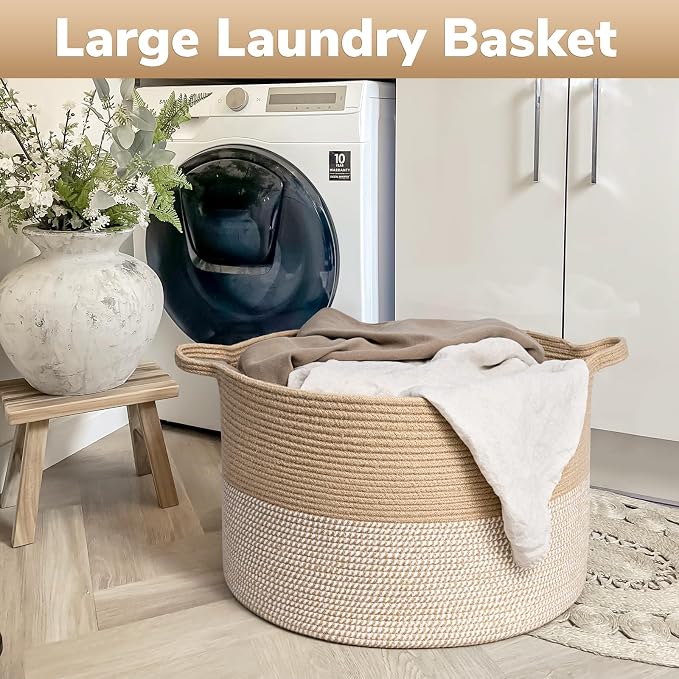 Goodpick Large Wicker Basket for Blankets, Baby Toy Storage Basket, 85L | 21.7 x 21.7 x 13.8 In Baby Storage Basket for Nursery, Blanket Basket for Living Room, Woven Basket for Towels, White & Jute