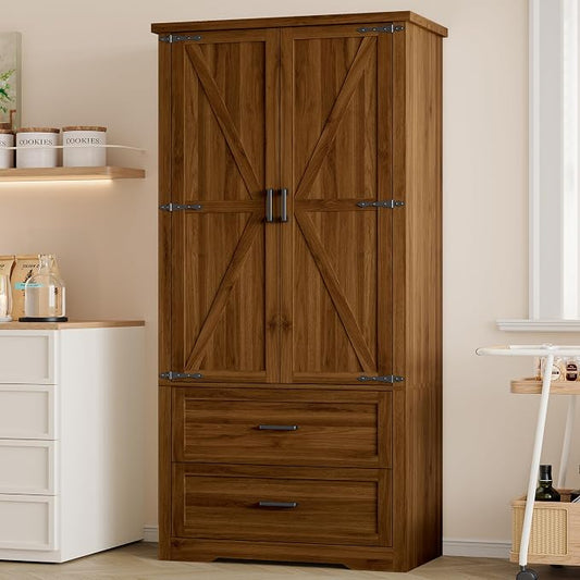 BORNOON Pantry Organizers and Storage Cabinet, 71” Barn Door White Kitchen Cabinet with Drawers and Adjustable Shelf, Tall Pantry for Kitchen, Dining Room, Living Room. Bathroom and Office