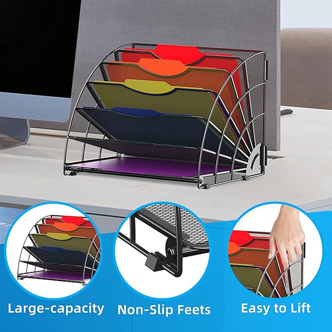 Fan Shaped Desk File Organizer, 6-Compartment File Holder for Desk | Metal mesh frame, tiered open design for easy access, organizes papers, folders and books for offices, schools and classrooms