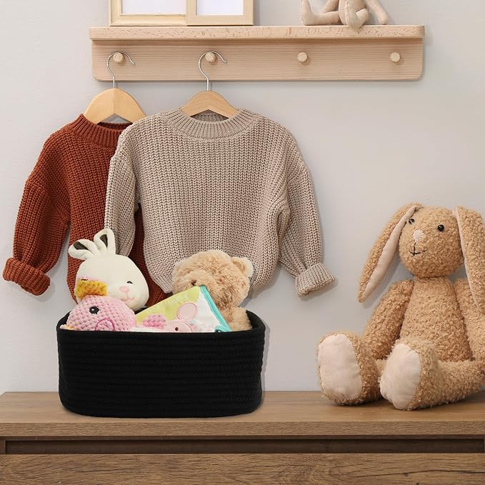XUANGUO Small Woven Storage Baskets for Shelves, 12" x 8" x 5", Black | Decorative rope storage bins for closets and toy storage; cute organizer baskets, empty gift baskets and nursery storage.