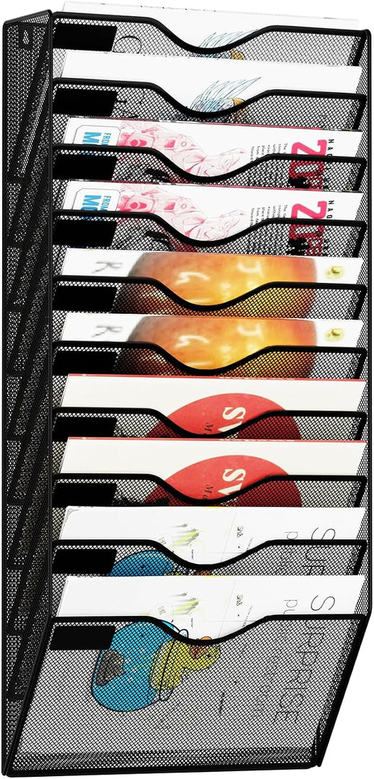 10 Pockets Hanging Wall File Organizer Mail Holder, Wall Mounted Paper Document Folder Holder, Clipboard Storage Organization Magazine Rack, Black