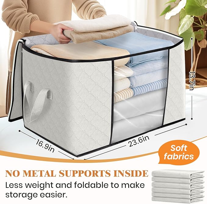 Fab totes 24 Gallons Clothes Storage, Foldable Thick Fabric Blanket Storage Bags, Containers for Organizing Bedroom, Closet, Clothing, Comforter, Organization with Handle (3 Pack,Ivory)