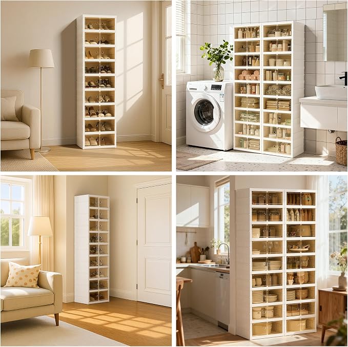 Foldable Shoe Organizer Storage Box Set of 4, Portable Extra Large Folding Shoe Rack for Closet, Shoe Storage Box with Magnetic Transparent Door and Wheels, 9 Layers 18 Grids