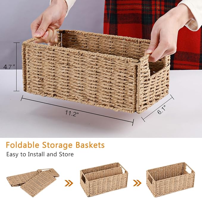 Vagusicc Wicker Storage Basket, Set of 2 Hand-Woven Paper Rope Wicker Basket, Small Storage Baskets for Organizing Toilet Paper Basket, Foldable Large Cube Storage Organizer Bins for Shelves (Natural)