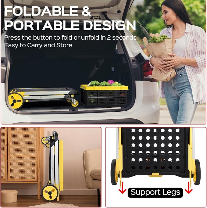 TOLRET Shopping Cart with Wheels, 200 lbs Capacity Grocery Cart on Wheels | Collapsible Shopping Cart with Storage Crate, Platform Hand Truck with Foot Brake, Yellow