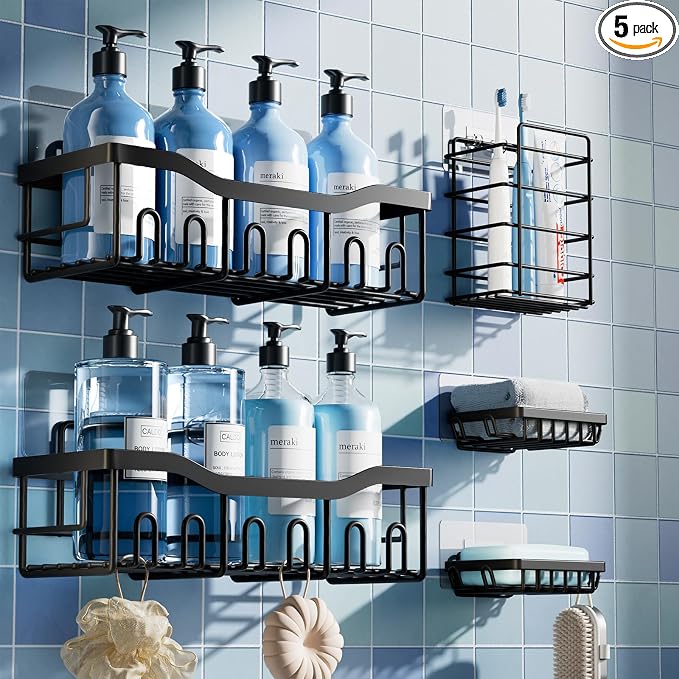 EUDELE 5-Pack Rustproof Stainless Steel Shower Caddy Set– No Drill Adhesive Bathroom Organizer, Space-Saving Shower Shelves for Apartment Essentials, Bathroom/Kitchen Storage Home Decor-L Size