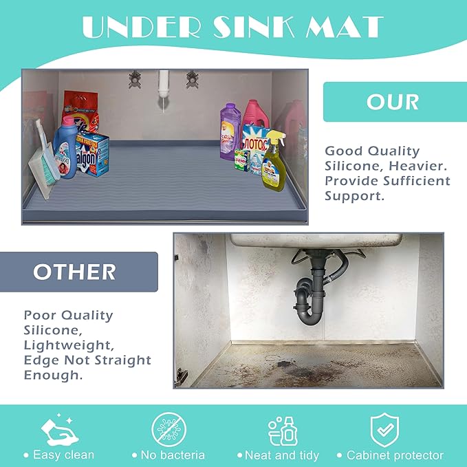 URMONA Waterproof Silicone Under Sink Mat 22'' x 22'' Shelf Liner for Kitchen and Bathroom, Cabinet and Counter Protector, Storage and Organizers, Litter Mat, Pet Cat Puppy Essentials(Black)
