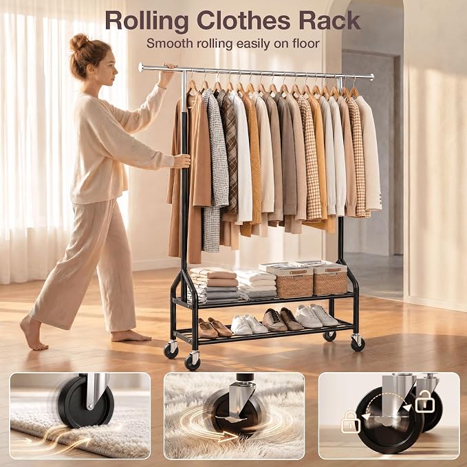 Heavy Duty Clothes Rack, Rolling Clothing Rack Load 650 LBS for Hanging Clothes with 2 Sturdy Shelves, Metal Garment Rack with Wheels for Bedroom, Retail Store, Silver-Black, Large