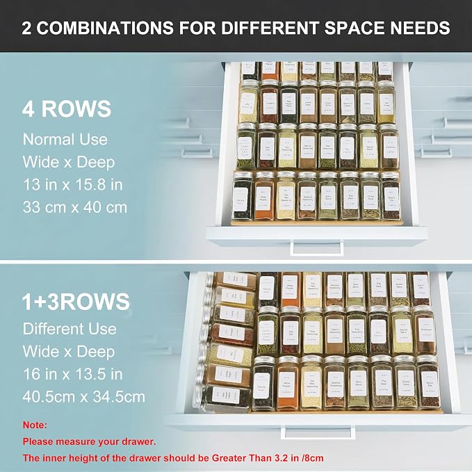 Spice Drawer Organizer with 28 Spice Jars and 216 Labels,Non-slip Rubber, Bamboo 4 Tier Spice Racks Tray Seasoning Containers for Kitchen Drawers,Cabinets,Countertops,13" Wide * 15.8" Deep