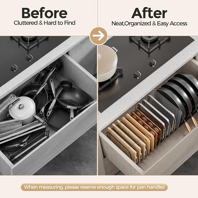MUDEELA Expandable Cutting Board Organizer Pot Lids Rack 15 Dividers 2-Pack | Expandable Pots and Pans Organizer under Cabinet, 15 Adjustable Dividers, Fits Bakeware Cookie Sheet Baking Tray Muffin Tin