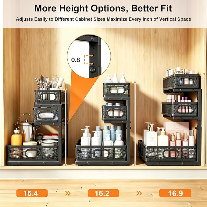 2 Pack Bathroom Under Sink Organizer, 3-Tier Pull Out Kitchen Cabinet Organizer with 5 Adjustable Heights Metal Slide Out Storage Makeup Drawer Rack for Bedroom Office Pantry Home Organization, Black