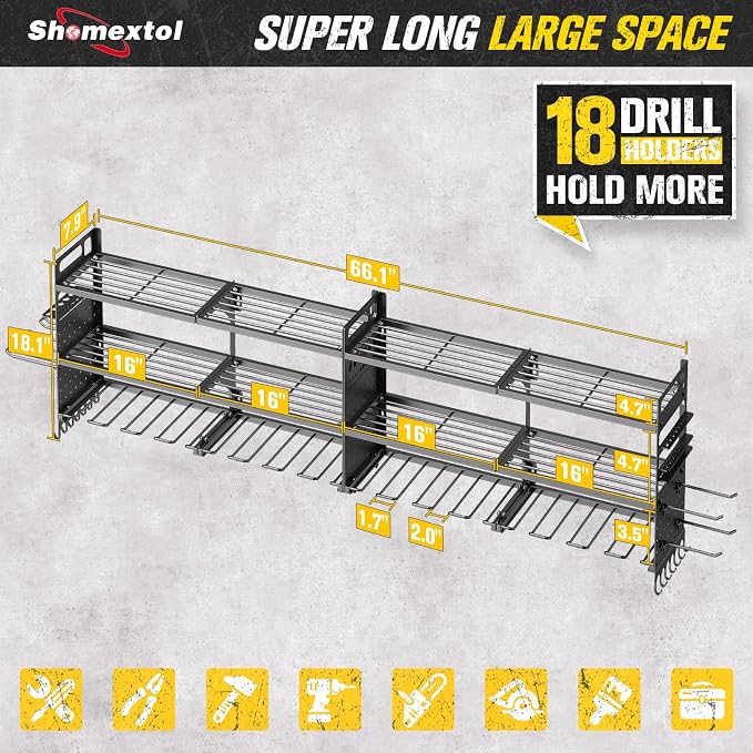 2 Pack Power Tool Organizer Wall Mount, 3-Layer,18 Drill Holders | Large 3-Tier Tool Storage Rack, Heavy Duty 600 lb Load Capacity for Garage Workshop, Black, Gift for Men