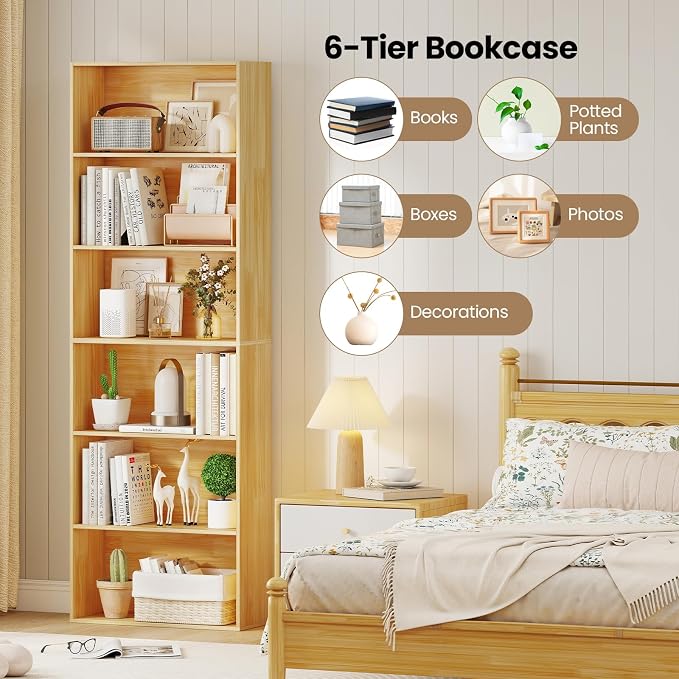 Giantex 6-Tier Bookcase, 70" Tall Wooden Bookshelf, Freestanding Storage Organizer w/Open Shelves, Anti-Tipping Kits, Modern Floor Standing Display Shelves for Living Room, Bedroom,Burlywood