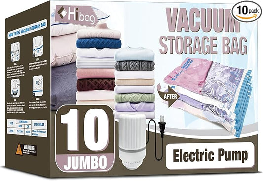 HIBAG Vacuum Storage Bags with Electric Pump, Vacuum Seal Bags for Clothing, Pillows, Blanket Bedding Comforters, 10 pack Jumbo