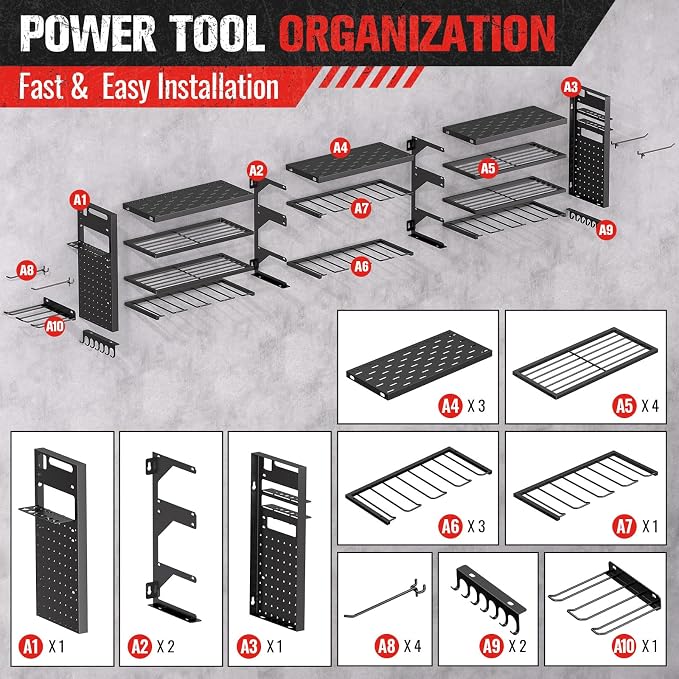 49.8" Power Tool Organizer Wall Mount,Holds 18 Cordless Drills | Large 4-Tier Tool Storage Rack, Heavy Duty 450 lb Load Capacity for Garage Workshop, Black, Gift for Men