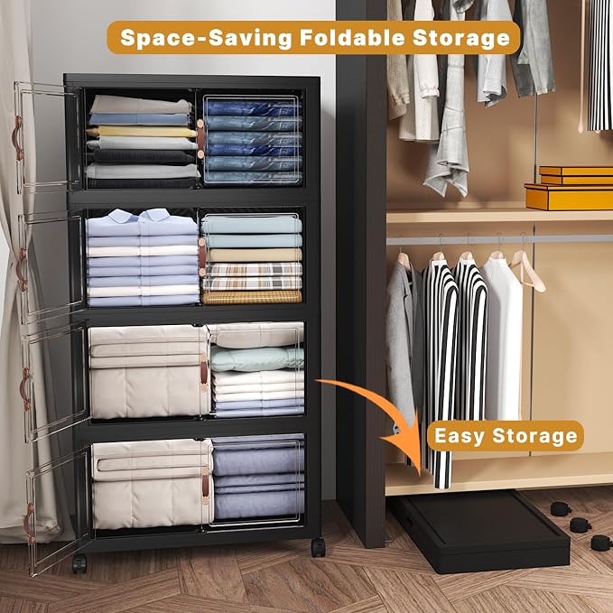 Stackable Storage Bins with Lids, 480QT Closet Organizers and Storage Cabinet with Doors & Wheels, Lockable Plastic Foldable Drawers for Bedroom Dorm Office Garage（120QT*4,Black）