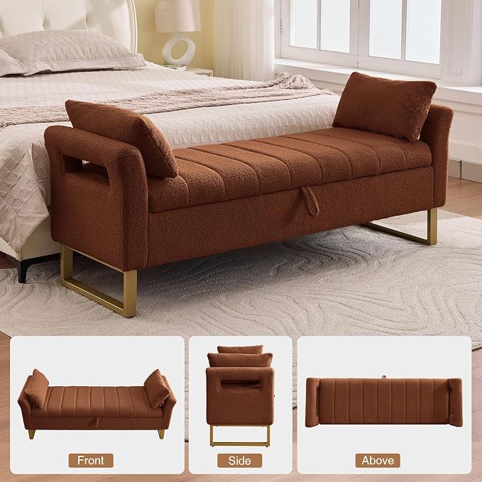 66" Storage Bench for Bedroom Upholstered End of Bed Bench King Size Brown | Long Bedroom Benches for Foot of Bed King,Teddy Storage Bed Bench with Gold Legs,2 Pillows for Entryway Windows Cloakroom