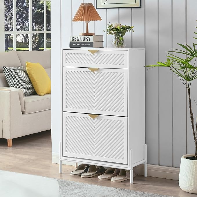 Shoe Cabinet with 2 Flip Drawers, Narrow Entryway Rack, White | Slanted Wood Grain, Freestanding, Adjustable Compartments, Removable Middle Shelf, Metal Handles, for Hallway Foyer Entrance