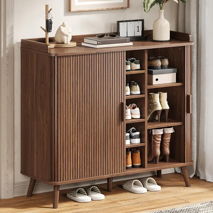 Shoe Cabinet with Sliding Door, 5-Tier Hidden Shoe Rack with Adjustable Shelves, Wooden Shoe Storage Organizer with Open Bottom Space, Freestanding Shoe Shelf for Entryway (Walnut)