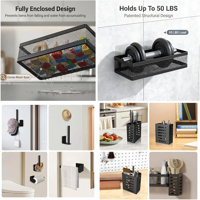 PUSDON 5-in-1 Wide Wall Mount Wrapped Mesh Kitchen Organizer & Shower Caddy Kit, with Paper Towel Holder, Utensil Holder, Soap Dish, Heavy Duty 50LBS - Matte Black, Netting