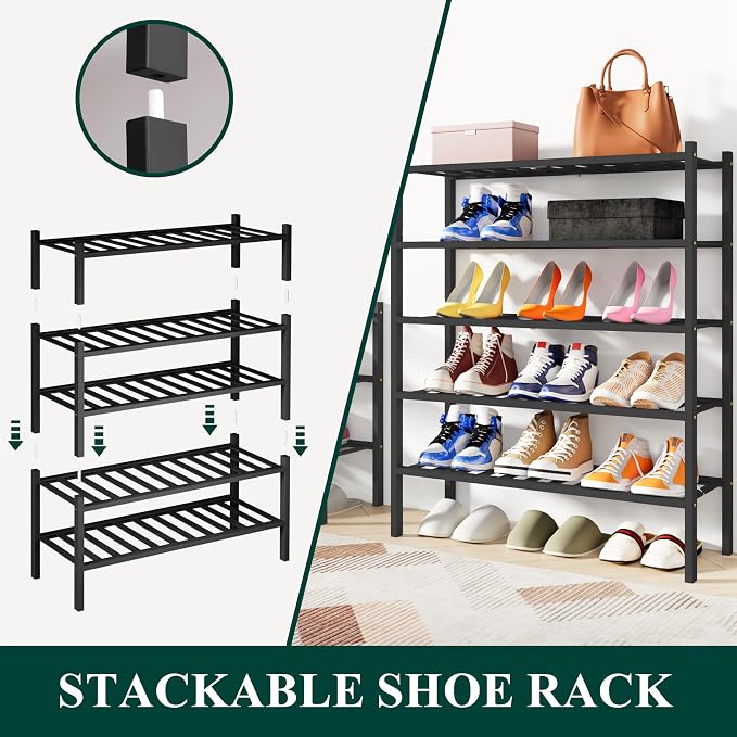 Smiry Bamboo Shoe Rack, 12 Vertical Slats, 5 Tier - 26.8" Wide, Black | Stackable Free Standing Wooden Shoe Organizer, Wood Shoe Storage Shelf for Closet, Entryway