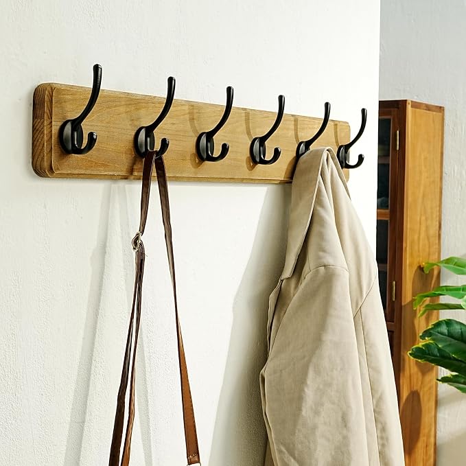Wall Mounted Coat Rack: 24" Long, Patented, Heavy-Duty, 6-Double-Hooks Wooden Hanger Rail for Winter Coats, Hat, Jacket, Clothing - Weathered Brown, Pack of 2
