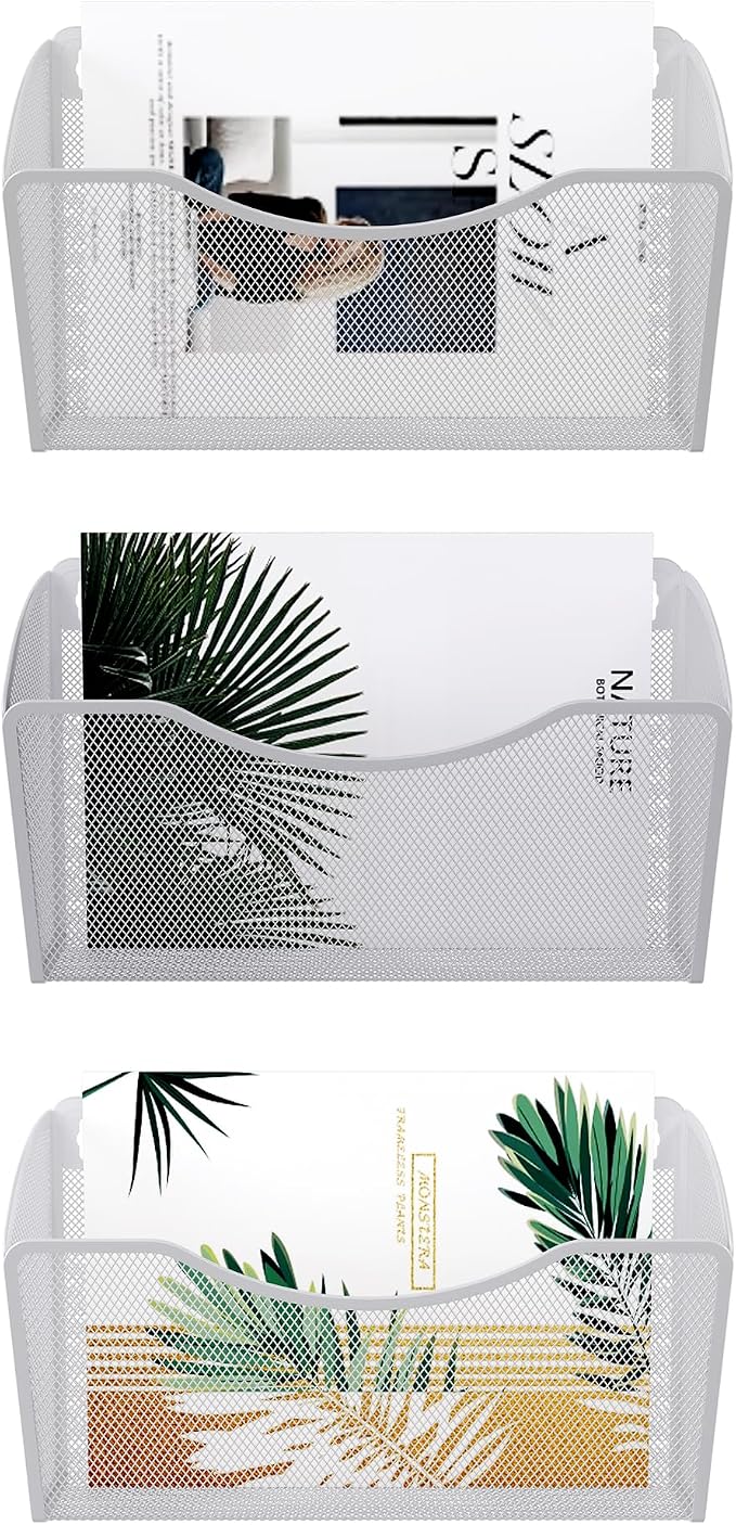 EasyPAG Wall File Organizer 3 Pack, Hanging File Organizer Wall Mount, Metal Mesh Folder Holder for Letter/A4 Papers, Mail Sorter for Office, Classroom, Home, White
