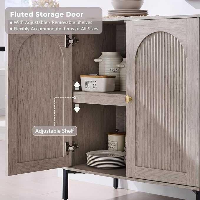 IFGET 34"Tall Modern Arch Sideboard Buffet Cabinet with Storage, Light Grey | Fluted Arched Sideboard Cabinet w/Adjustable Shelves, Wood Modular Kitchen Cabinet for Dining& Living Room, Kitchen, Entryway