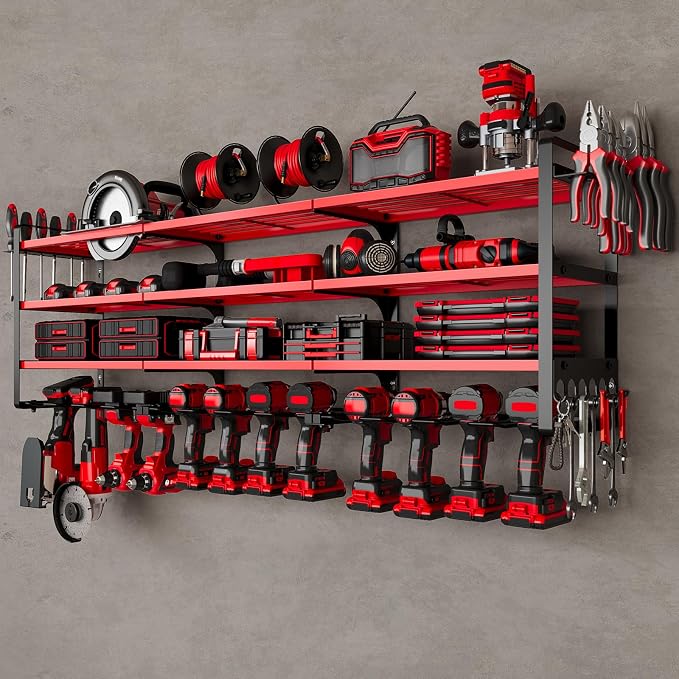 NattyDot Power Tool Organizer Wall Mount, 48-Inch 12 Drill Holders, Red | Extra-wide 48-inch Heavy-duty Wall Rack Stores 12 Cordless Drills and Assorted Tools, Maximizing Garage and Workshop Storage