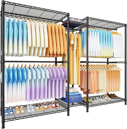 E12 Max Clothes Rack，Heavy Duty Freestanding Garment Rack with Shelves，Metal Clothing Closet Storage System for Hanging Clothes，83" W x 16" D x 76.5" H, Hold 1060 lbs，Black
