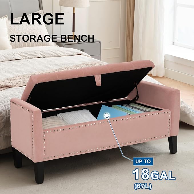 Storage Ottoman Bench, Velvet Upholstered Footstool for Bedroom and Living Room, Frosted Flannel Seat with Storage, Wooden Legs & Metal Rivets, Pink